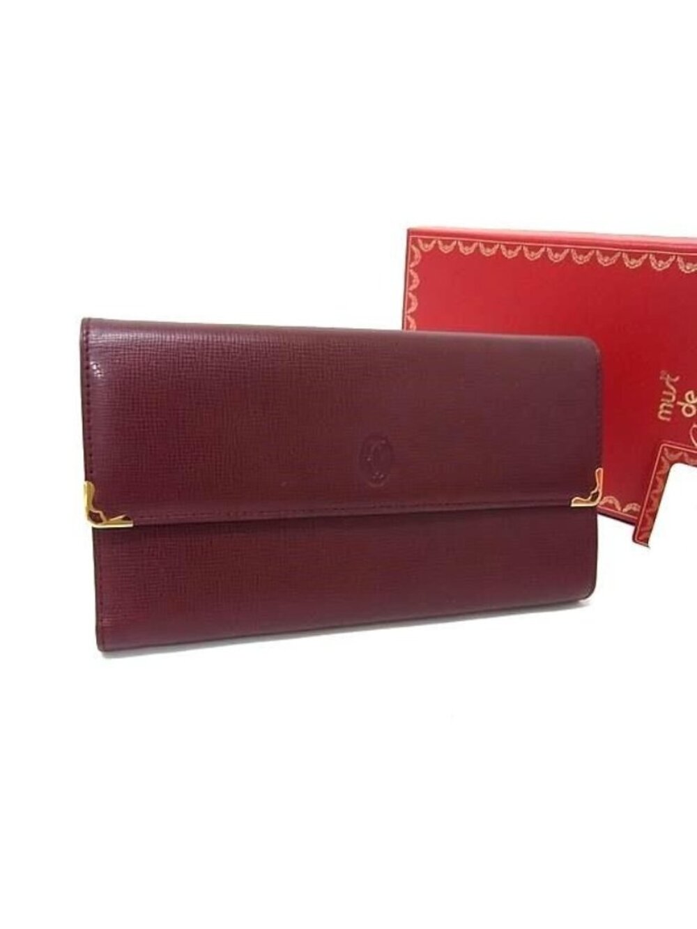 Cartier Must Line Leather Trifold Wallet Billfold Coin Purse Card Case Bordeaux